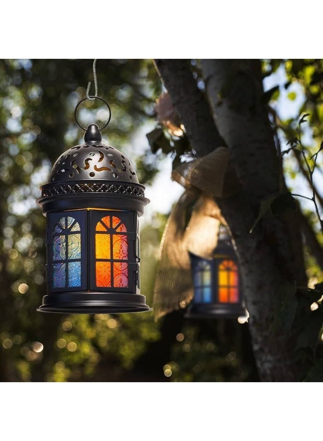 Metal Ramadan lantern, round metal lantern with a candle holder, black lantern with colored glass - Image 2